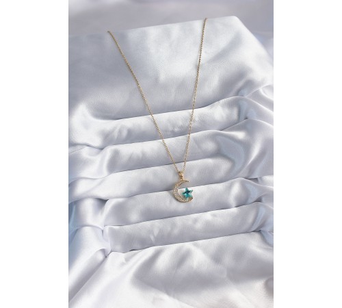 316L Çelik Gold Renk Zincir Zirkon Taş Detay Hilal Yıldızı Figür Kadın Kolye