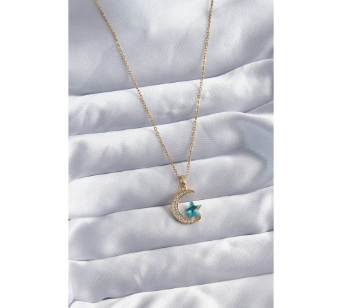 316L Çelik Gold Renk Zincir Zirkon Taş Detay Hilal Yıldızı Figür Kadın Kolye