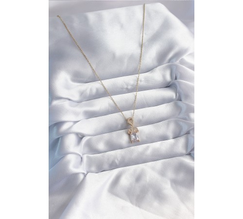 316L Çelik Zincir Gold Renk Zirkon Taşlı Taç Model Kadın Kolye