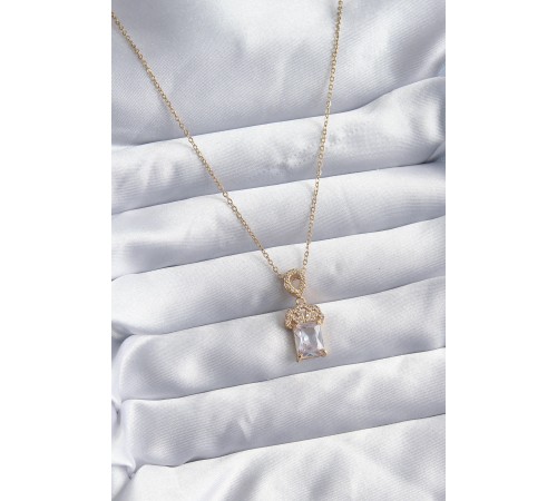 316L Çelik Zincir Gold Renk Zirkon Taşlı Taç Model Kadın Kolye