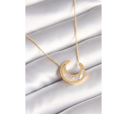 316L Çelik Gold Renk Beyaz Sedefli Hilal Model Kadın Kolye