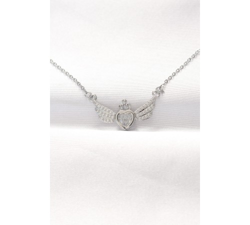 316L Çelik Silver Renk Zirkon Taşlı Kalpli Kanat Kolye