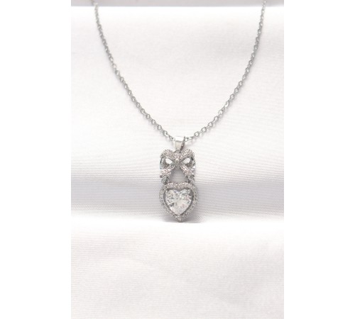 316L Çelik Silver Renk Zirkon Taşlı Kalpli Fiyonk Kolye