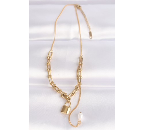 316L Çelik Zincir Altın Renk Zincirli Love Yazılı Kilit Kolye