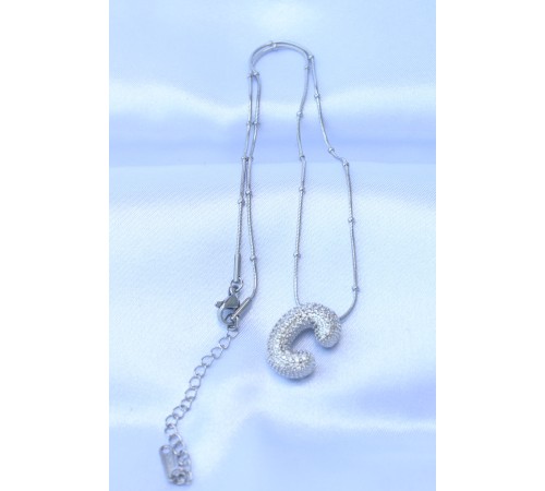 316L Çelik Zincirli Zirkon Taşlı C Harfli Gümüş Renk Bubble Kolye