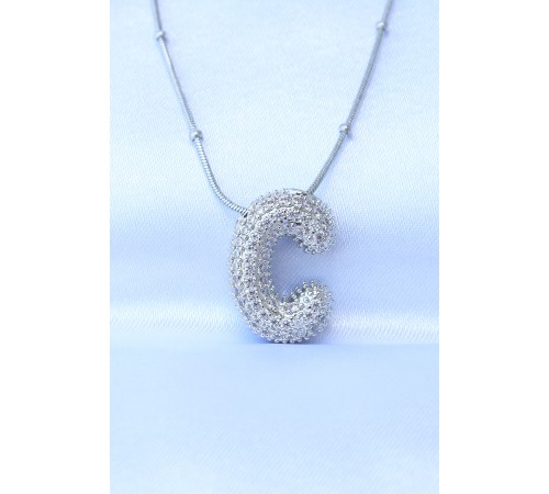 316L Çelik Zincirli Zirkon Taşlı C Harfli Gümüş Renk Bubble Kolye