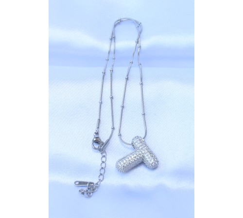 316L Çelik Zincirli Zirkon Taşlı T Harfli Gümüş Renk Bubble Kolye