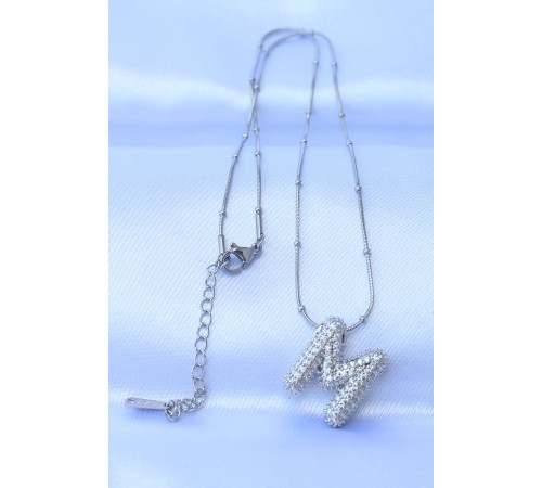 316L Çelik Zincirli Zirkon Taşlı M Harfli Gümüş Renk Bubble Kolye