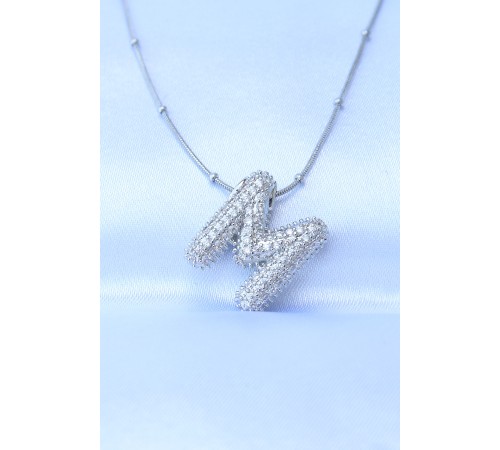 316L Çelik Zincirli Zirkon Taşlı M Harfli Gümüş Renk Bubble Kolye