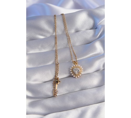 316L Çelik Zincir Gold Renk İncili Zirkon Taşlı Kalp Tasarımlı Kolye