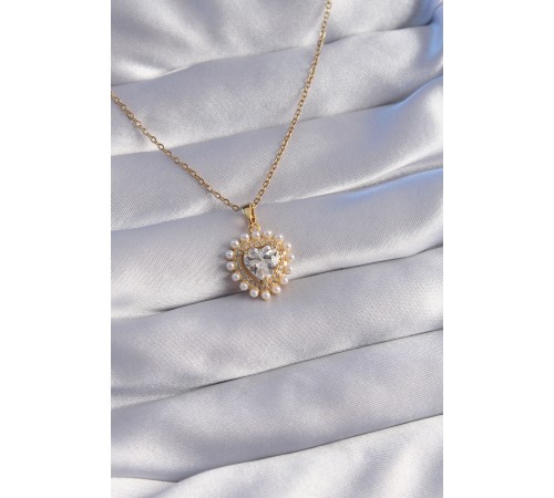 316L Çelik Zincir Gold Renk İncili Zirkon Taşlı Kalp Tasarımlı Kolye