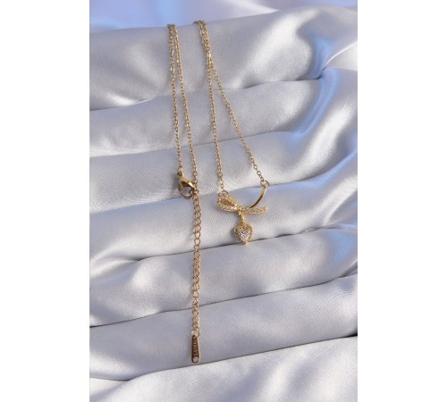 316L Çelik Zincir Gold Renk Zirkon Taşlı Yarım Fiyonk Kalp Kolye