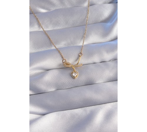 316L Çelik Zincir Gold Renk Zirkon Taşlı Yarım Fiyonk Kalp Kolye