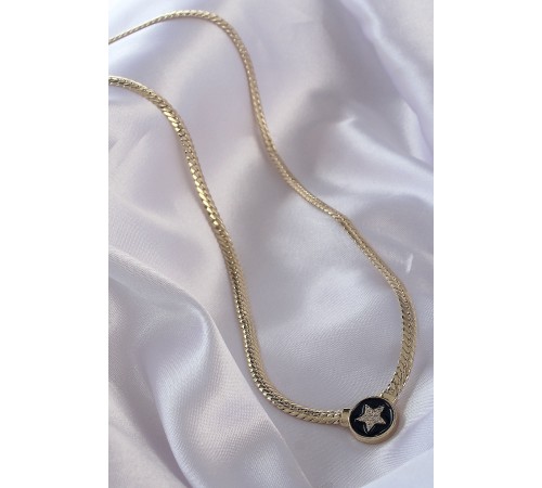 Pirinç Gold Renk Zirkon Taşlı Yıldız Model Siyah Mineli Ezme Zincirli Serenay Kolyesi