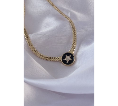 Pirinç Gold Renk Zirkon Taşlı Yıldız Model Siyah Mineli Ezme Zincirli Serenay Kolyesi