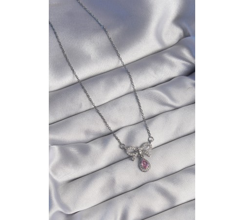 316L Çelik Gümüş Renk Fiyonk Detay Pembe Zirkon Taşlı Damla Kolye