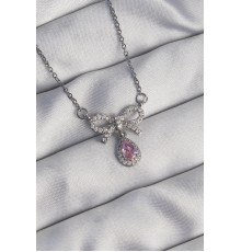 316L Çelik Gümüş Renk Fiyonk Detay Pembe Zirkon Taşlı Damla Kolye