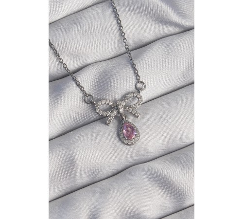 316L Çelik Gümüş Renk Fiyonk Detay Pembe Zirkon Taşlı Damla Kolye