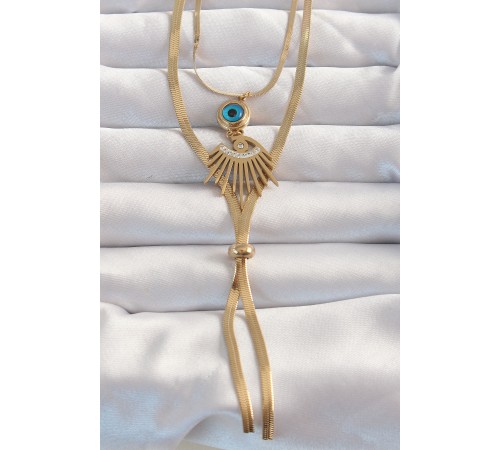 316L Çelik Gold Renk Zirkon Taşlı Göz Detay Nazarlı Uzun Asansör Model Kolye