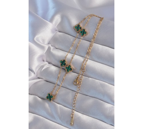 316L Çelik Gold Renk Minimal Yeşil Mineli Yonca Kolye