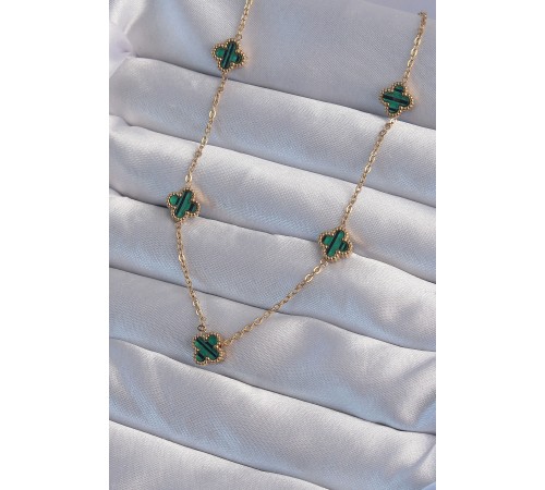 316L Çelik Gold Renk Minimal Yeşil Mineli Yonca Kolye