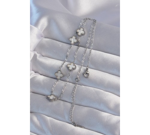 316L Çelik Gümüş Renk Minimal Beyaz Sedefli Yonca Kolye