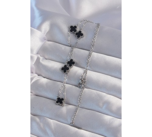 316L Çelik Gümüş Renk Minimal Siyah Mineli Yonca Kolye