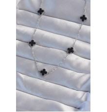 316L Çelik Gümüş Renk Minimal Siyah Mineli Yonca Kolye