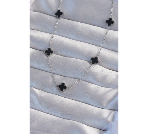 316L Çelik Gümüş Renk Minimal Siyah Mineli Yonca Kolye