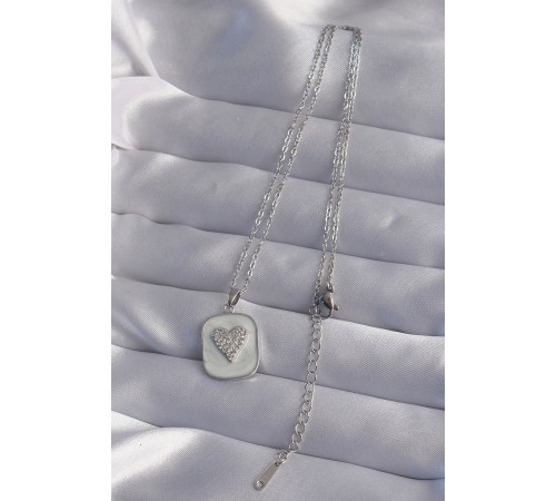 316L Çelik Zincir Mermer Desenli Gümüş Renk Zirkon Taşlı Kalp Model Kolye