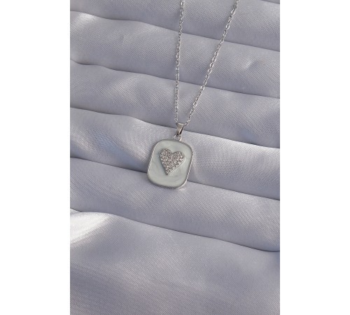 316L Çelik Zincir Mermer Desenli Gümüş Renk Zirkon Taşlı Kalp Model Kolye