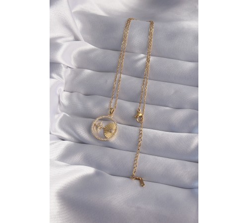 316L Çelik Zincir Gold Renk Zirkon Taşlı Yıldız Figürlü Oval Kolye