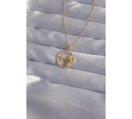 316L Çelik Zincir Gold Renk Zirkon Taşlı Yıldız Figürlü Oval Kolye