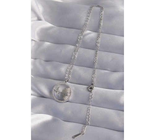 316L Çelik Zincir Gümüş Renk Zirkon Taşlı Yıldız Figürlü Oval Kolye