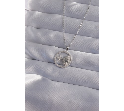 316L Çelik Zincir Gümüş Renk Zirkon Taşlı Yıldız Figürlü Oval Kolye