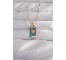 316L Çelik Gold Renk Mavi Mineli Güneş Model Tarot Kolye