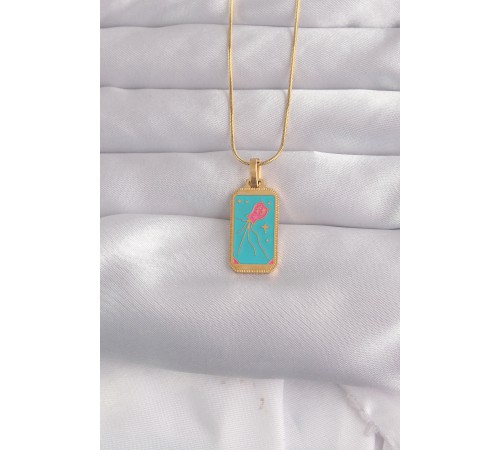 316L Çelik Gold Renk Mavi Mineli Tarot Kolye