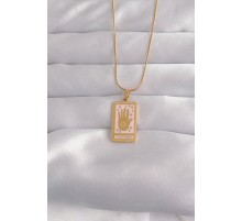 316L Çelik Gold Renk Pembe Mineli El Figür Tarot Kolye