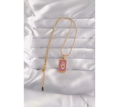 316L Çelik Gold Renk Mor Mineli El Figür Tarot Kolye