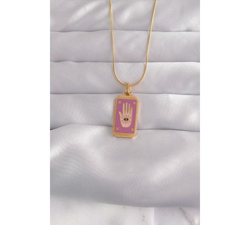 316L Çelik Gold Renk Mor Mineli El Figür Tarot Kolye
