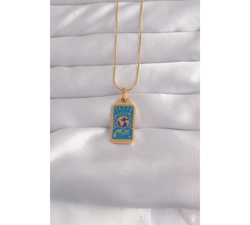 316L Çelik Gold Renk Mavi Mineli El Figür Tarot Kolye