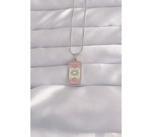 316L Çelik Gümüş Renk Pembe Mineli Ay Figür Tarot Kolye