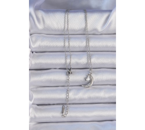 316L Çelik Zincir Gümüş Renk Zirkon Taşlı Sallantılı Ay Yıldız Kolye