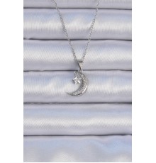 316L Çelik Zincir Gümüş Renk Zirkon Taşlı Sallantılı Ay Yıldız Kolye