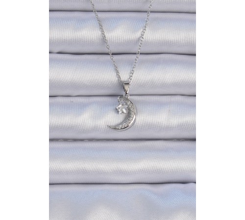316L Çelik Zincir Gümüş Renk Zirkon Taşlı Sallantılı Ay Yıldız Kolye