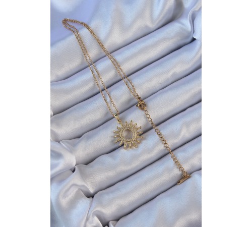 316L Çelik Zincir Altın Renk Zirkon Taşlı Parlayan Güneş Kolye