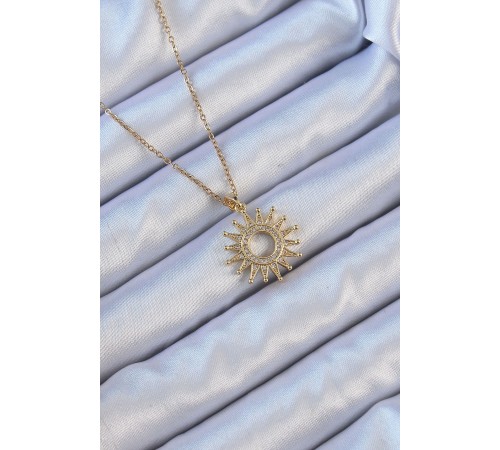 316L Çelik Zincir Altın Renk Zirkon Taşlı Parlayan Güneş Kolye