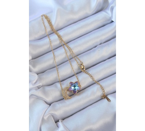 316L Çelik Zincir Altın Renk Ay Tasarımlı Renkli Zirkon Taşlı Çiçek Kolye