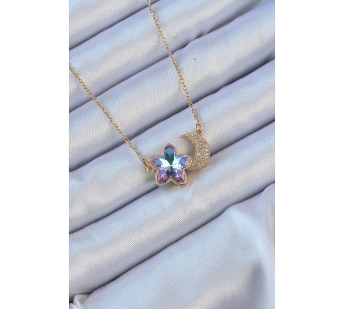 316L Çelik Zincir Altın Renk Ay Tasarımlı Renkli Zirkon Taşlı Çiçek Kolye
