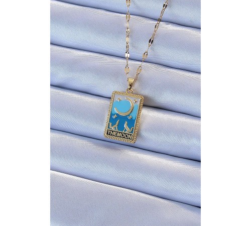 316L Çelik Zincir Altın Renk Mavi Mineli Ay Figür Tarot Kolye